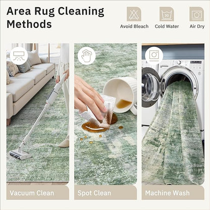 9x9 Green/Ivory Round Rug 9ft Living Room Circle Rug Vintage Round Area Rug Non Slip Indoor Carpet for Apartment