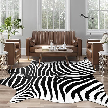 AROGAN Premium Faux Zebra Hide Rug 6.2 x 7 Feet, Sturdy and Large Size Zebra Print Rugs, Suitable for Bedroom Living Room Western Decor, Faux Fur Animal Carpet, Black and White