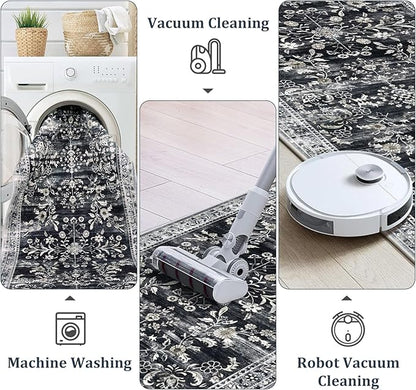 Yamaziot Washable Runner Rug 2x12 – Non Slip Boho Floral Hallway Runner Rug with Rubber Backing, Low Pile Faux Wool Distressed Carpet for Kitchen, Laundry, Bedroom, Entrance, Navy/Black