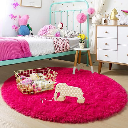 Hot Pink Round Circle Rug 6Ft for Girls Bedroom, Big Fluffy Area Rugs for Kids Room Decor Aesthetic, Shag Plush Fuzzy Furry Carpet for Living Room Nursery Dorm Classroom, Cute Teen Baby Preppy Rug