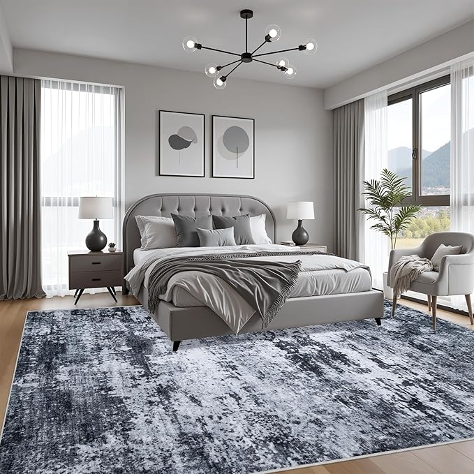 10x14 Area Rug Living Room Rug: Washable Modern Abstract Soft Thin Rug Indoor Floor No Slip Stain Resistant Carpet for Bedroom Dining Room Farmhouse Nursery Home Office - Black