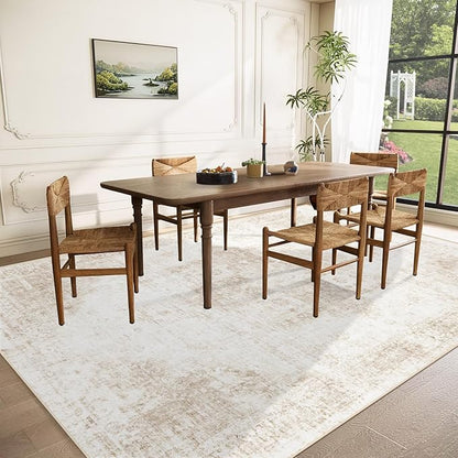 Area Rug 10x14 Washable Rug, Vintage Boho Medallion Rugs Non-Slip Soft Low Pile Large Distressed Rug Indoor Retro Carpet for Living Room Bedroom Dining Room Home Office (Beige, 10'x14')