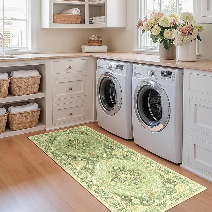 Area Rugs 2'x5' Runner Rug Non Slip Washable for Kitchen Hallway Bedroom Beside Laundry Room Bathroom Rug, Floor Carpet, Sage Green Yellow