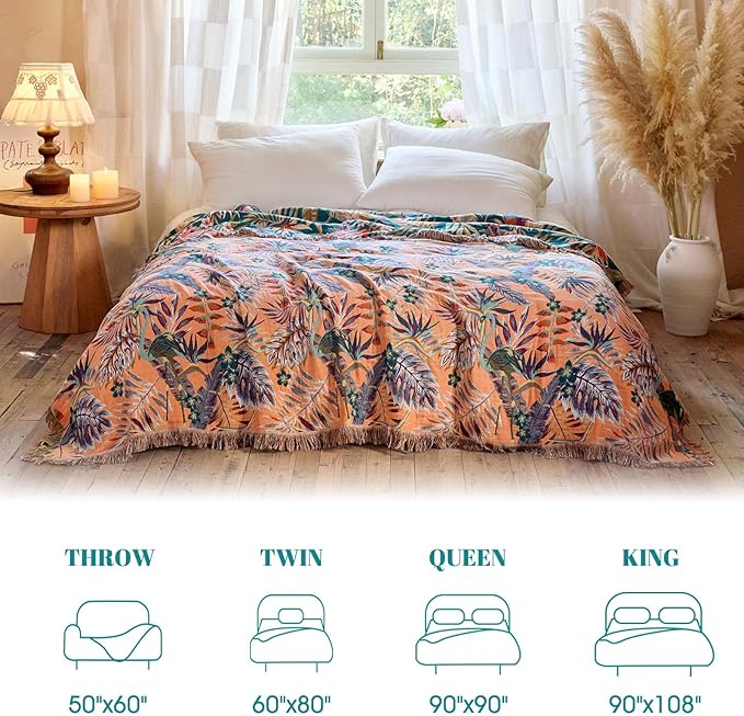 MSGKV Boho Throw Blanket for Couch 50"x60" 100% Cotton Jungle Animal Blanket Spring Breathable Lightweight Blankets for Sofa Home Decor Muslin All Seasons