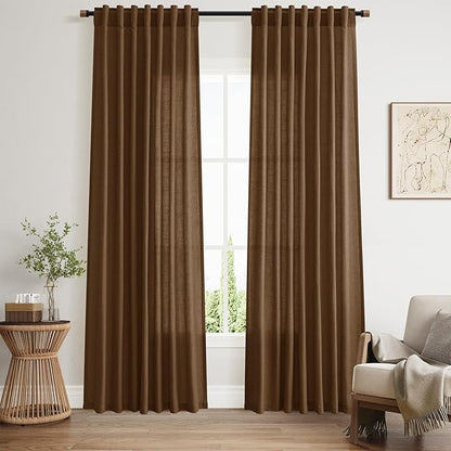 Nanspring Tobacco Brown Linen Curtains 84 Inches Long for Living Room Back Tab Luxury Light Filtering Privacy Semi Sheer Curtain Farmhouse Decor Boho Textured Drapes for Bedroom 52x84,2 Panels