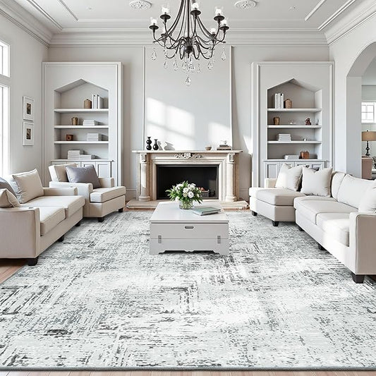 Rugflix 9x12 Washable Area Rugs, Neutral Boho Carpet Living Room Rug Non Slip Stain Resistant, Large Area Rug for Indoor Bedroom Dining Room Office, Blue/Grey