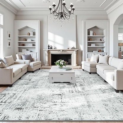 Rugflix 5x7 Washable Area Rugs, Neutral Boho Carpet Living Room Rug Non Slip Stain Resistant, Large Area Rug for Indoor Bedroom Dining Room Office, Blue/Grey