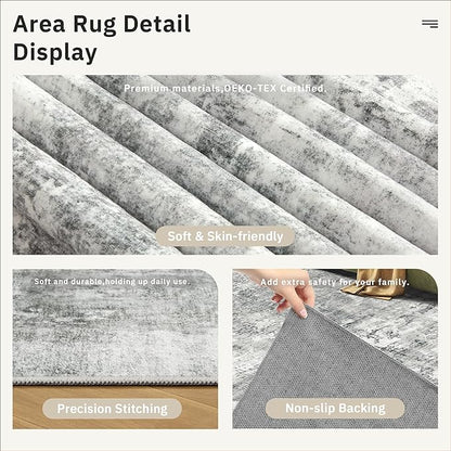 6x9 Abstract Area Rugs for Living Room 6 x 9 Washable Non Slip Low Pile Gray Rugs for Bedroom Dining Room Foldable Thin Gray White