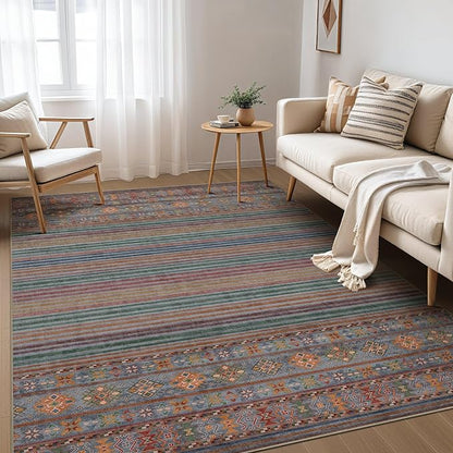 Nakagishi 6X9 Area Rugs Living Room: Washable Large Vintage Rug Neutral Non-Slip Soft Stain Resistant Indoor Carpet for Bedroom Nursery Dining Room Office Playroom - Multi Color