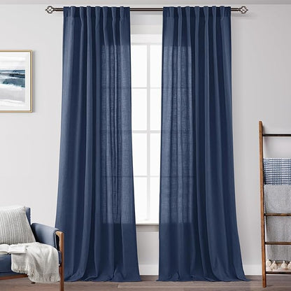 Navy Blue Curtains 108 inch Length for Bedroom Back Tab Light Filtering Semi Sheer Blue Living Room Curtains Linen Cotton Textured Indigo Blue Drapery Panel Modern Farmhouse Aesthetic Decor Dark Blue