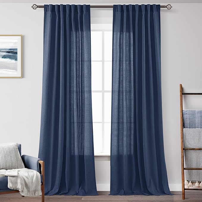 Navy Blue Curtains 102 inch Length for Bedroom Back Tab Light Filtering Semi Sheer Blue Living Room Curtains Linen Cotton Textured Indigo Blue Drapery Panel Modern Farmhouse Aesthetic Decor Dark Blue