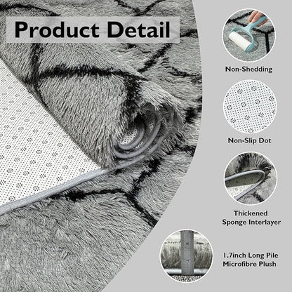 Shag Area Rug for Bedroom 5x8,Fluffy Area Rugs for Living Room,Geometric Soft Fuzzy Rug Non-Shedding Indoor Plush Carpet for Kids Bedroom Nursery Dorm Home Christmas,Grey and Black