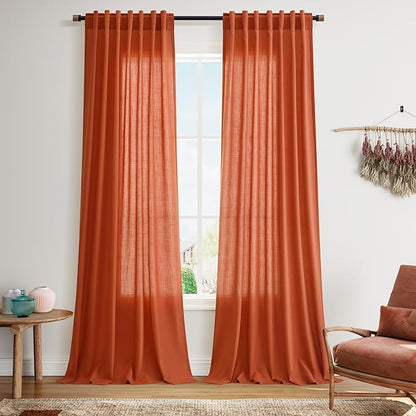 Nanspring Bright Orange Linen Blend Light Filtering Back Tab Curtains 102 Inches Long, Semi Sheer Privacy Drapes for Living Room & Bedroom, 52x102 inch, 2 Panels