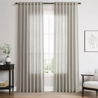 Silver Grey Linen Back Tab Curtains 84 Inch Length for Bedroom Neutral Modern Farmhouse Window Privacy Semi Sheer Linen Drapes Rustic Pinch Pleated Look Curtain for Living Room 52x84,2 Panel
