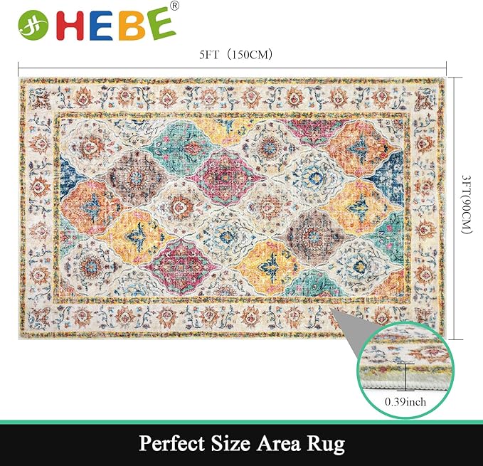 HEBE Washable Area Rug - 3'x5' Non Slip Soft Distressed Medallion Bedroom & Living Room Accent Throw Vintage Entry Floor Carpet for Dining Room & Bathroom Entryway