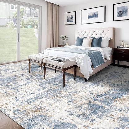 XLUEZ 10x14 Area Rugs for Living Room, Washable Modern Abstract Large Area Rug Neutral Soft Non Slip Kids Rug Stain Resistant Indoor Carpet for Bedroom Dining Room Playroom Home Office(Blue, 10'x14')