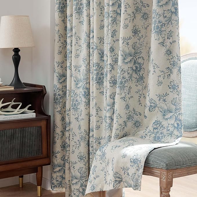 jinchan Blackout Floral Curtains for Living Room Bedroom Linen Blend Curtain Farmhouse Blue Printed with Lined Back Tab Rod Pocket Drapes Window Treatments 2 Panels 96 Inch