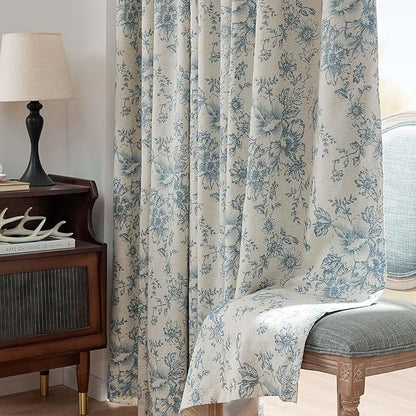 jinchan Blackout Floral Curtains for Living Room Bedroom Linen Blend Curtain Farmhouse Blue Printed with Lined Back Tab Rod Pocket Drapes Window Treatments 2 Panels 90 Inch