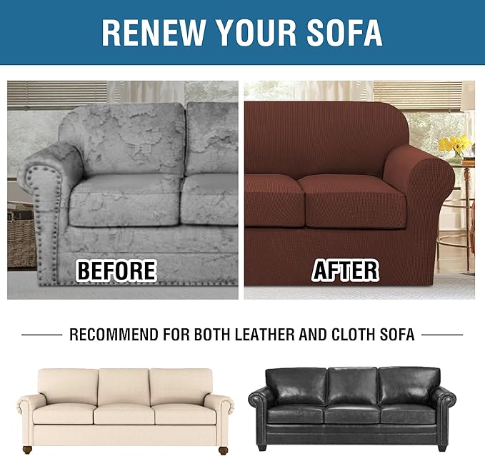 H.VERSAILTEX 4 Piece Stretch Sofa Covers for 3 Cushion Couch Covers for Living Room Furniture Slipcovers (Base Cover Plus 3 Seat Cushion Covers) Thicker Jacquard Fabric (Large Sofa, Burnt Brick)