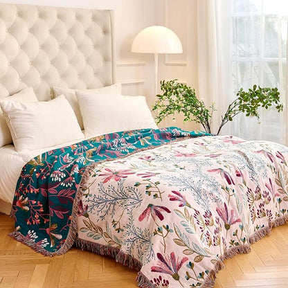MSGKV Boho Throw Blanket for Couch 50"x60" Floral 100% Cotton Blanket Spring Breathable Lightweight Farmhouse Flower Blankets for Sofa Home Decor Muslin All Seasons