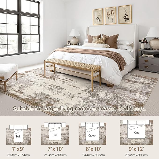 UERMEI 8x10 Area Rug Living Room Rugs - Washable Neutral Modern Abstract Soft Thin Rug Indoor Floor No Slip Rug Carpet for Bedroom Under Dining Table Home Office Decor - Brown/Grey/Beige