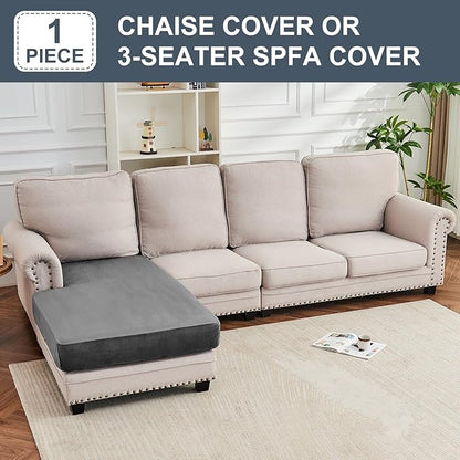 Couch Cover Velvet Chaise Cushion Cover for Sectional Sofas - Elastic L-Shaped Sofa Seat Covers Washable, Slipcover Protector (1-Piece, Grey)