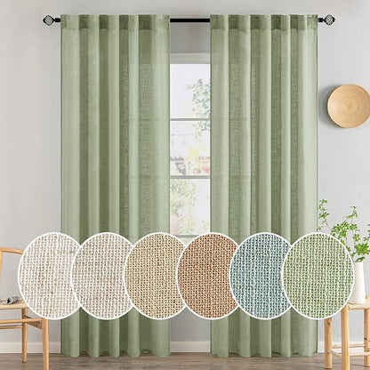 MIULEE Sage Green Linen Curtains 84 Inch Length for Bedroom Living Room, Soft Thick Linen Textured Window Drapes Semi Sheer Light Filtering Back Tab Rod Pocket Burlap Look Spring Decor, 2 Panels