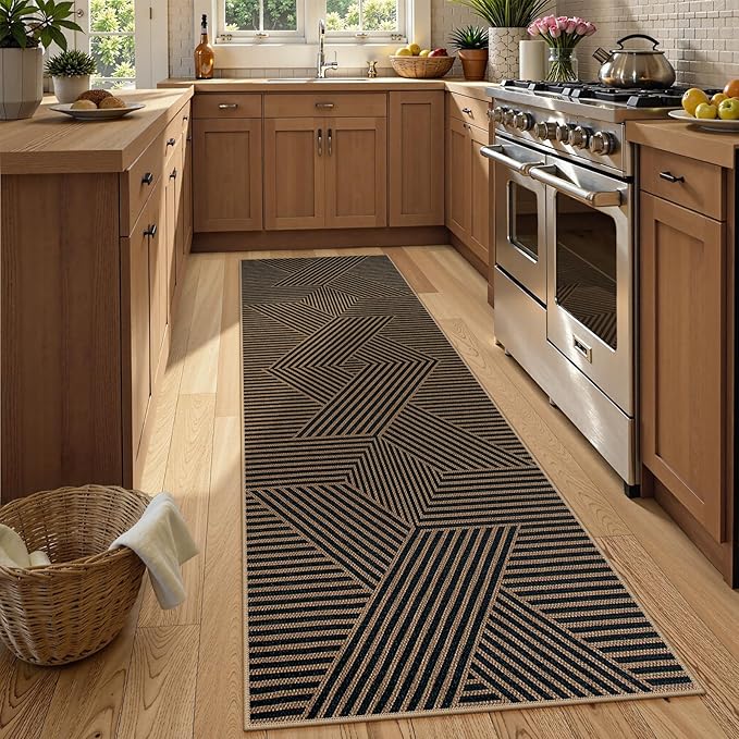 Lahome Enfys Modern Geometric Runner Rug, 2x8 Washable Rug Runners for Hallways Non Slip, Black Outdoor Carpet with Rubber Backing, Farmhouse Non Shedding Kitchen Mats for Floor Entryway