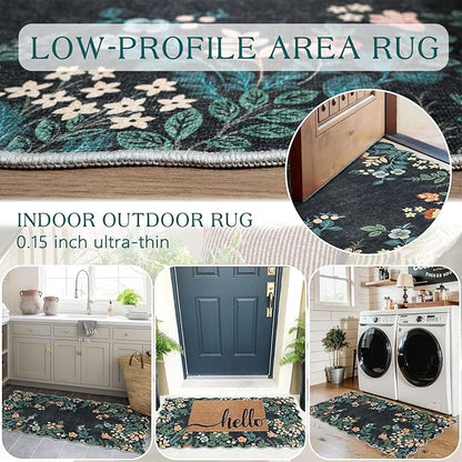 Front Door Mat Indoor Entrance - 2x4.3 Ft Black Floral Washable Layered Doormat Outdoor Entrance Porch Rug Non-Slip Boho Runner Rug for Kitchen Hallway Bedroom Laundry Room Porch Decor