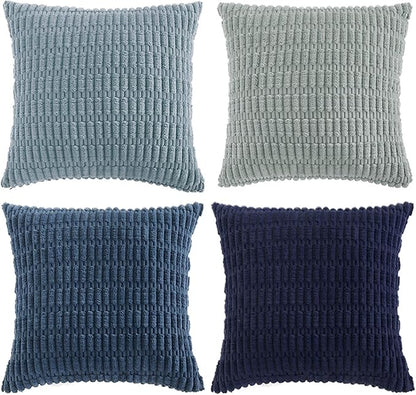 Fancy Homi Set of 4 Blue Decorative Throw Pillow Covers 12x12 Inch for Couch Bed Chair, Modern Farmhouse Boho Room Decor, Soft Fuzzy Corduroy Textured Striped Coastal Blue Cushion Case 30cm