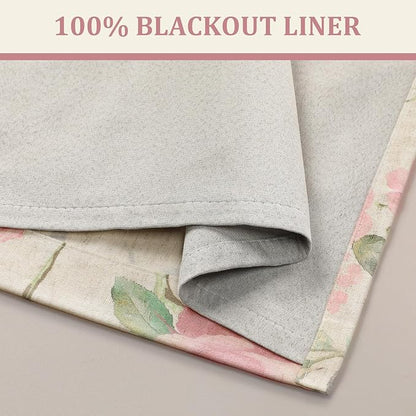 Vintage Floral Blackout Curtains 84 Inch, 2 Panels Spring Linen Texture Farmhouse Drapes for Living Room Bedroom Printed Flower Design Rod Pocket