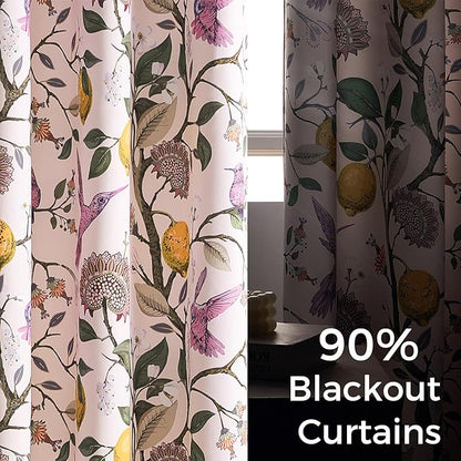 Topfinel Pink Curtains 102 Inches Long Cute Sound Dampening Pretty Vintage Elegant Whimsical Floral Hummingbird Dusty Rose Drapes for Girls Kids Room Aesthetic Living Room 2 Panels