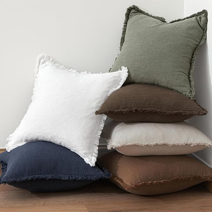 MIULEE Decorative Throw Pillow Covers Neutral Linen Fringe Throw Pillows Set of 2 Chocolate Brown Boho Farmhouse Cushion Covers with Tassels for Couch Sofa Bed Living Room Spring Decor 18x18 Inch
