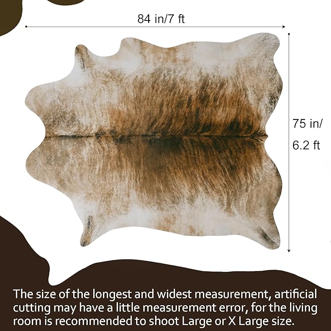 AROGAN Western Decor Faux Fur Cowhide Rug, 7 x 6.2 Feet Premium Animal Skin Cow Hide Rug, Durable Cow Print Rugs for Wall Decor, Western Floor Carpet for Bedroom Living Room, Brownish