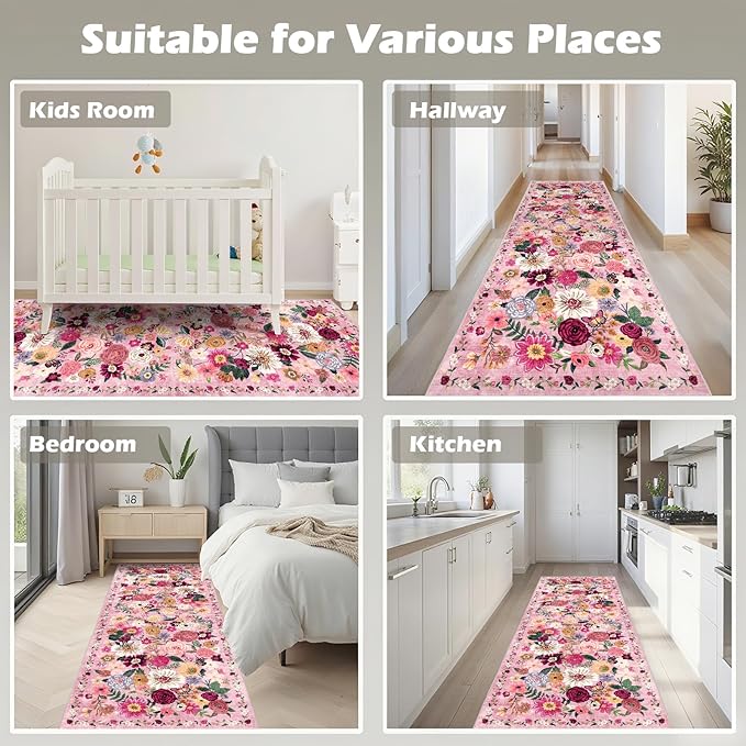 Pink Rug for Hallways Kitchen Rug 2x6, Non Slip Washable Rugs with Rubber Backing Soft Floral Carpet Runner for Hallways, Kitchen, Laundry, Bedroom, Bathroom (Pink Garden, 2 x 6)