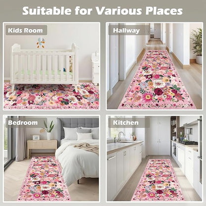 Pink Rug for Hallways Kitchen Rug 2x6, Non Slip Washable Rugs with Rubber Backing Soft Floral Carpet Runner for Hallways, Kitchen, Laundry, Bedroom, Bathroom (Pink Garden, 2 x 6)