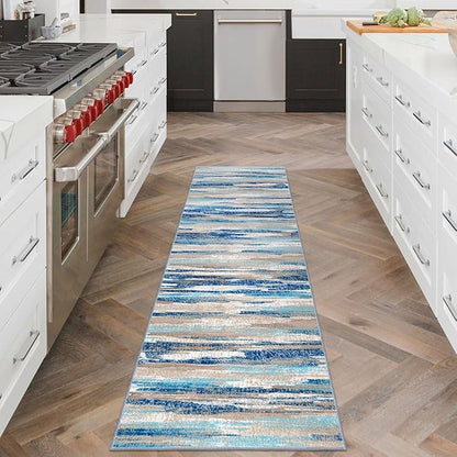 Lansny Abstract Runner Rug 2x6, Blue Washable Hallway Runner Rug Non-Slip, Soft Printed Kitchen Runner, Thin Faux Wool Runners for Hallways, Modern Floor Carpet for Entryway Bedroom Hall Indoor