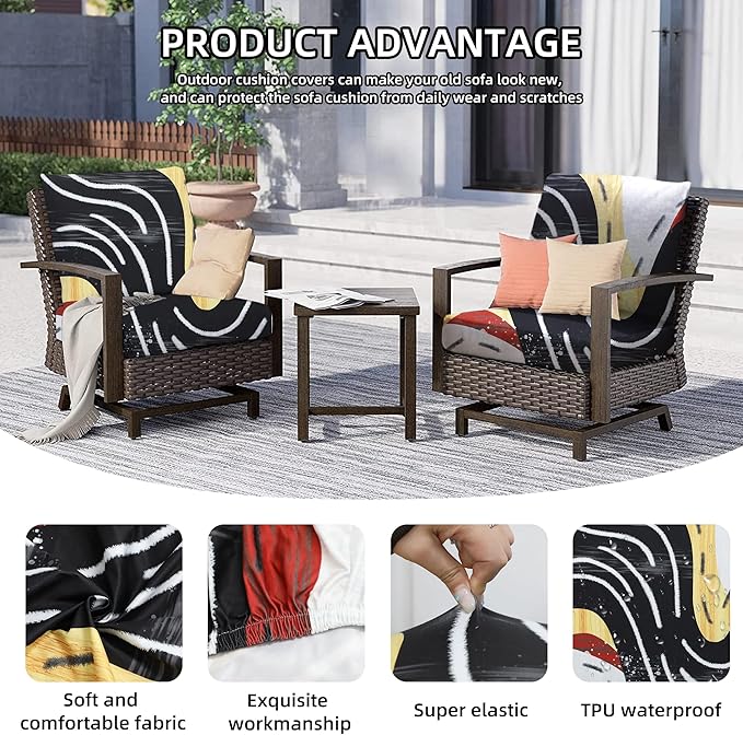 8Pcs Outdoor Cushion Covers, Patio Cushion Covers,Stretch Elastic Slipcovers, Replacement Washable & Reusable Furniture Protector for Patio Couch (Black River-Pattern,Cover Only)