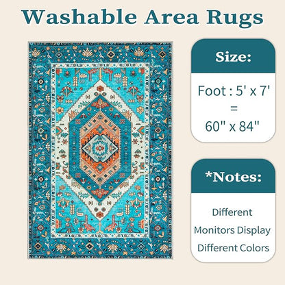 SERISSA Boho Area Rug 5x7 Blue, Washable Rugs for Living Room, Ultra Soft Non-Slip Bedroom Rug Print Distressed Vintage Tribal Farmhouse Carpet Rug for Dining Room Dorm Office Home Decor