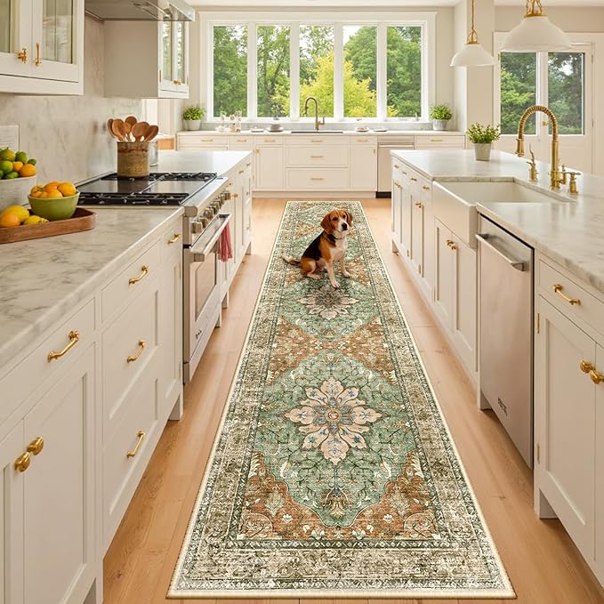 Area Rugs 2'x10' Runner Rug Non Slip Washable for Kitchen Hallway Bedroom Beside Laundry Room Bathroom Rug, Floor Carpet, Brick Red Rust Neutral Brown Burnt Orange Green