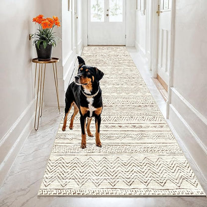 2x8 Washable Kitchen Runner Rug: Modern Moroccan Runners for Hallway Soft Non Slip Rugs with Rubber Backing Low Pile Thin Waterproof Floor Carpet for Entryway Bedroom Bathroom Indoor 2x8 Beige