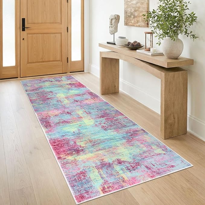 IOHOUZE Abstract Runner Rug 3x8 Ft Washable Runners for Hallways, Non Slip Kitchen Runner Printed Faux Wool Entryway Runner Indoor, Modern Abstract Floor Carpet for Hall Kitchen Bedroom, Pink Teal