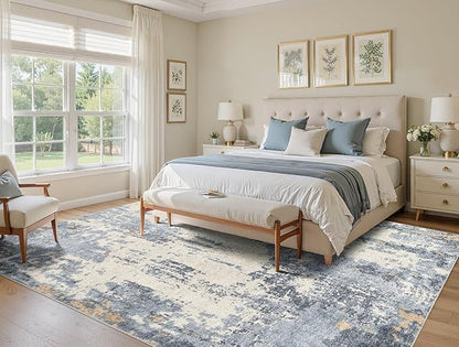 UERMEI 5x7 Area Rug Living Room Rugs - Washable Neutral Modern Abstract Soft Thin Rug Indoor Floor No Slip Rug Carpet for Bedroom Under Dining Table Home Office Decor - Blue/Light Brown