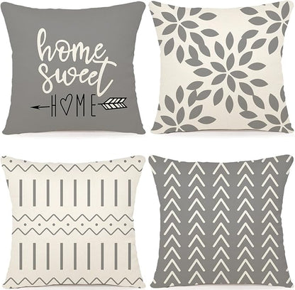 YCOLL Pillow Covers 16x16 Set of 4, Modern Sofa Throw Pillow Cover, Decorative Outdoor Linen Fabric Pillow Case for Couch Bed Car，Gray