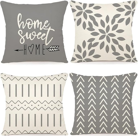 YCOLL Pillow Covers 16x16 Set of 4, Modern Sofa Throw Pillow Cover, Decorative Outdoor Linen Fabric Pillow Case for Couch Bed Car，Gray