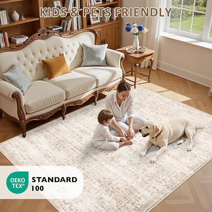 Area Rugs 10x12 Living Room Rug: Washable Rug Soft Vintage Boho Carpet Indoor Floor Non-Slip Stain Resistant Large Carpets for Bedroom Dining Room Farmhouse Nursery Home Office Beige