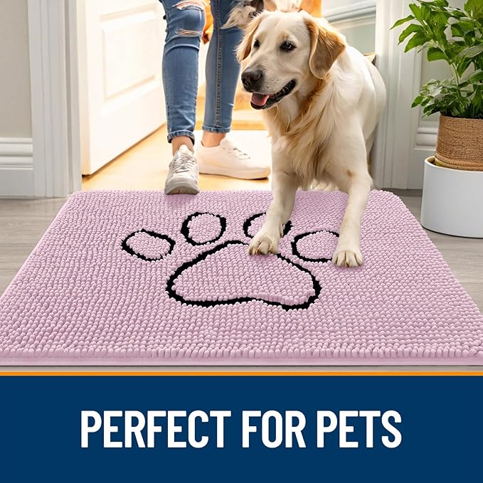 OLANLY Dog Door Mat for Muddy Paws 36x24, Paw Print Design, Absorbs Moisture and Dirt, Non-Slip Washable Doormat, Quick Dry Chenille Mud Mat for Dogs, Entry Indoor Entryway Carpet, Dusty Rose
