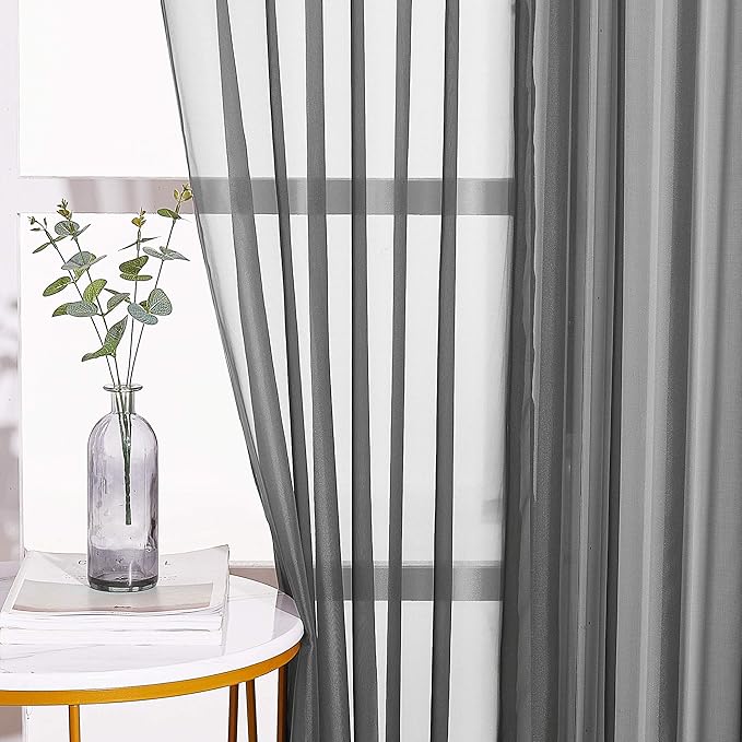 NICETOWN Voile Sheer Window Curtain Panels, Grommet Airy and Breathable Short Sheer Drapes with Light Through for Son/Boys Bedroom, Dark Grey, 54" Wide by 54" Long, 1 Pair