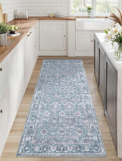 SERISSA Boho Washable Runner Rug, 2x5 Rug Non-Slip Vintage Floral Hallway Kitchen Runner Rug Ultra Soft Print Distressed Blue Grey Floor Carpet for Bedroom Bathroom Laundry Room