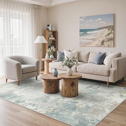 Area Rugs 5x7 for Living Room Bedroom, Modern Abstract Machine Washable Rug, Large Soft Low Pile Floor Carpet with Non Slip Backing for Dining Room, Light Cream Blue